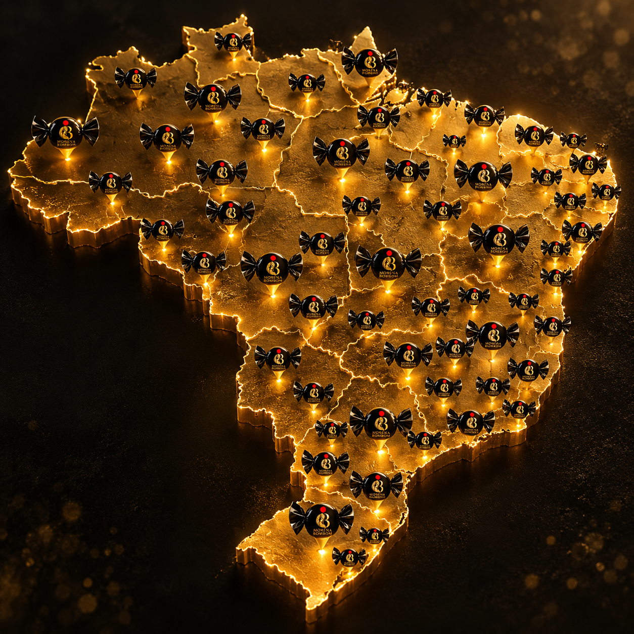 Mapa do Brasil iluminado com unidades Morena Bombom