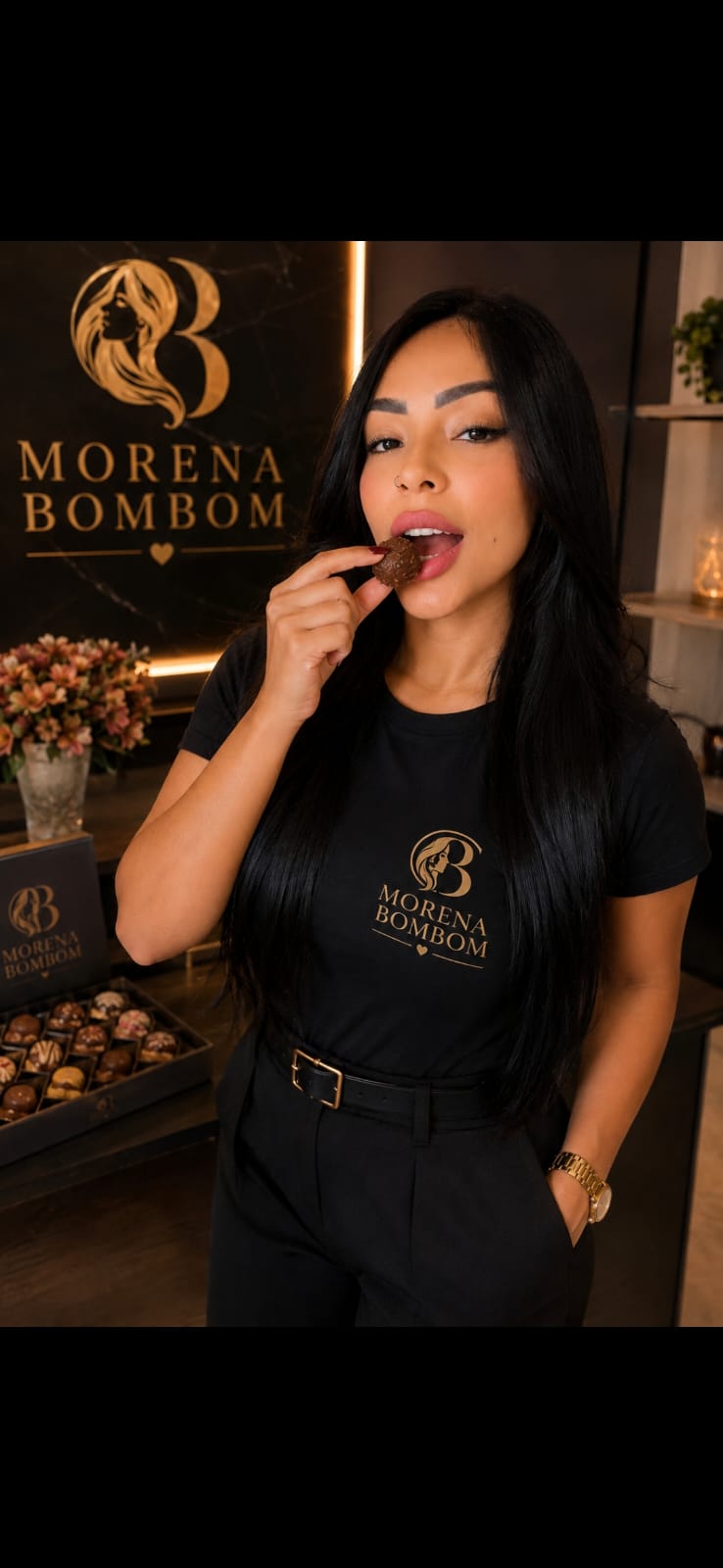 Consultora Morena Bombom saboreando um bombom da marca